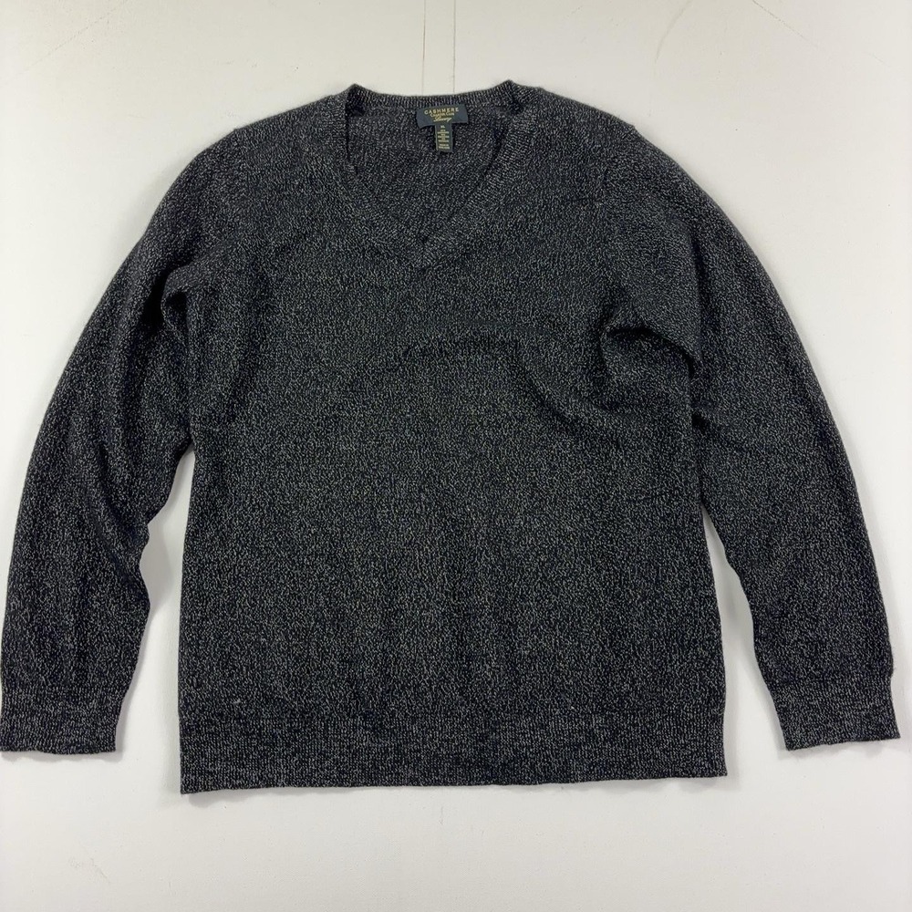 Charter Club Sweater Women XL Black Cashmere Blend Metallic V Neck Knit Pullover